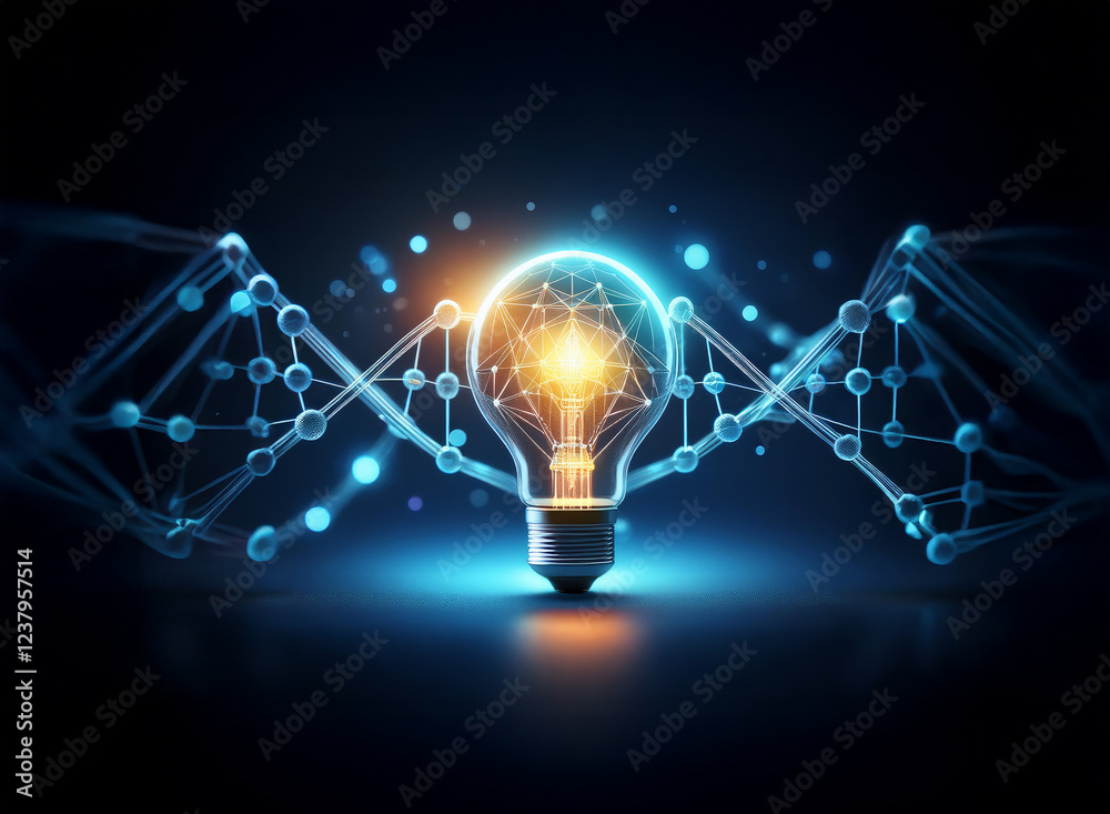 Poster a glowing lightbulb, symbolizing innovation, is interwoven with dna strands, representing the mergin