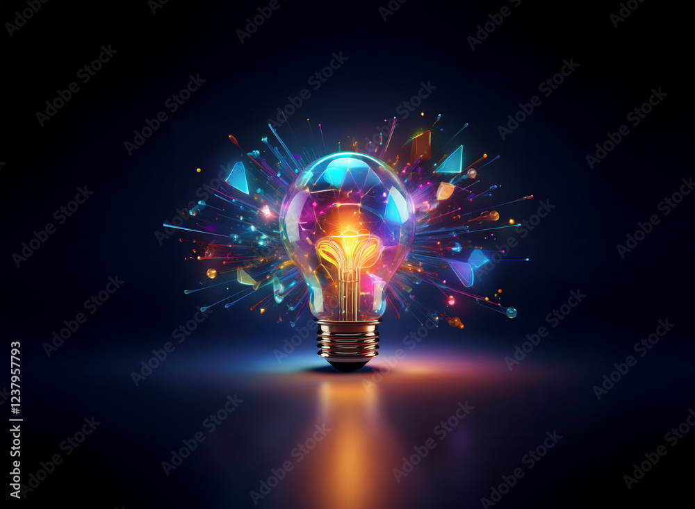 Poster a glowing lightbulb bursts with vibrant, multicolored geometric shapes, symbolizing creativity and i
