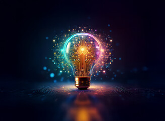 A glowing lightbulb, filled with vibrant circuitry and sparkling particles, rests on a dark surface, symbolizing innovation and technological brilliance.