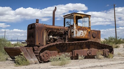 Fototapeta premium An old, rusted bulldozer sits abandoned in a barren landscape under a cloudy sky.