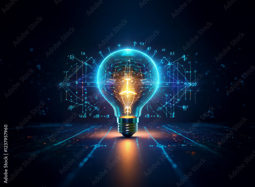 Poster a glowing lightbulb, imbued with futuristic digital energy, symbolizes innovation and technological 