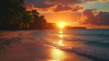 Tropical sunset beach, ocean waves, palm trees, idyllic scene, travel postcard