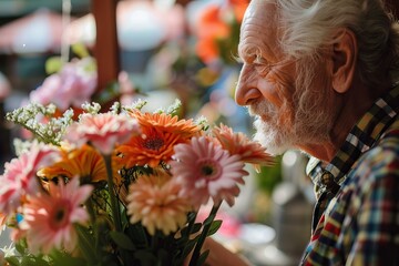 Obraz premium Elderly florist enjoying the scent of a vibrant bouquet of gerbera daisies in his flower shop, showcasing his passion for flowers
