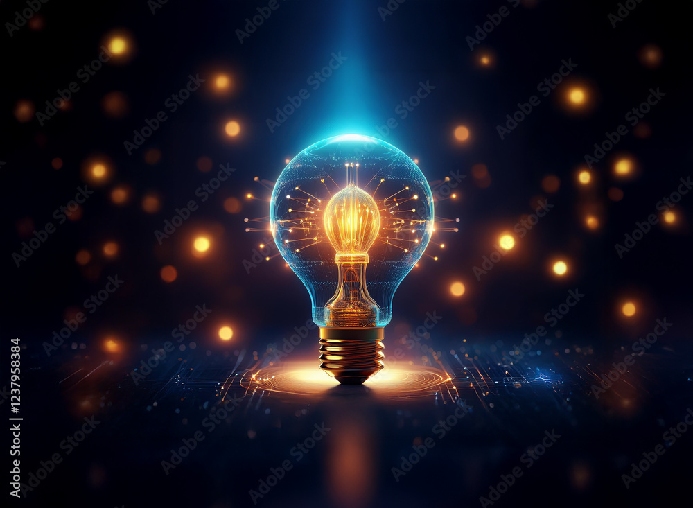 Poster A glowing lightbulb, its filament a complex circuit, sits on a circuit board, surrounded by sparkling particles.  It symbolizes innovation and technological advancement.