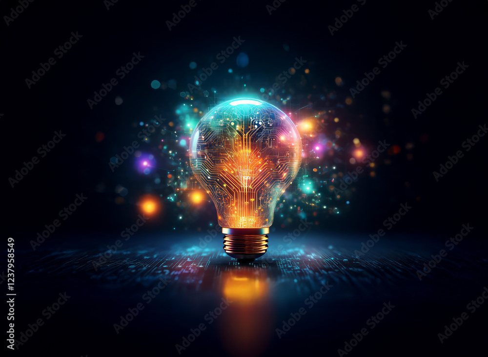 Aufkleber a glowing lightbulb, filled with vibrant circuitry and surrounded by colorful particles, sits on a d