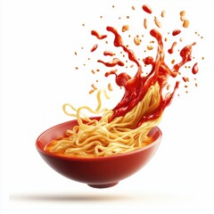 flying ramen with a splash of red sauce, isolated on a white background