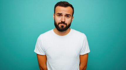Fototapeta premium sad man in white t-shirt on teal background