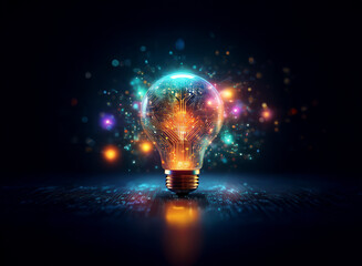 A glowing lightbulb, filled with vibrant circuitry and surrounded by colorful particles, sits on a dark reflective surface.  It symbolizes innovation, technology, and bright ideas.