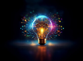 A glowing lightbulb filled with vibrant circuitry, radiating colorful energy bursts.  It symbolizes innovation, technology, and brilliant ideas.