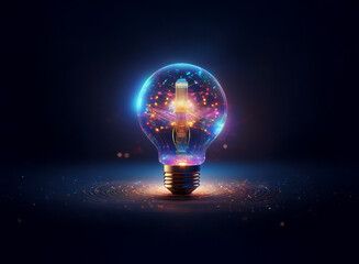 A glowing lightbulb, filled with vibrant particles and cosmic energy, sits on a dark surface, radiating light and innovation.  The scene evokes a sense of discovery and the birth of new ideas.