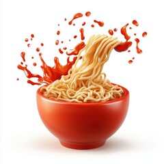 flying ramen with a splash of red sauce, isolated on a white background