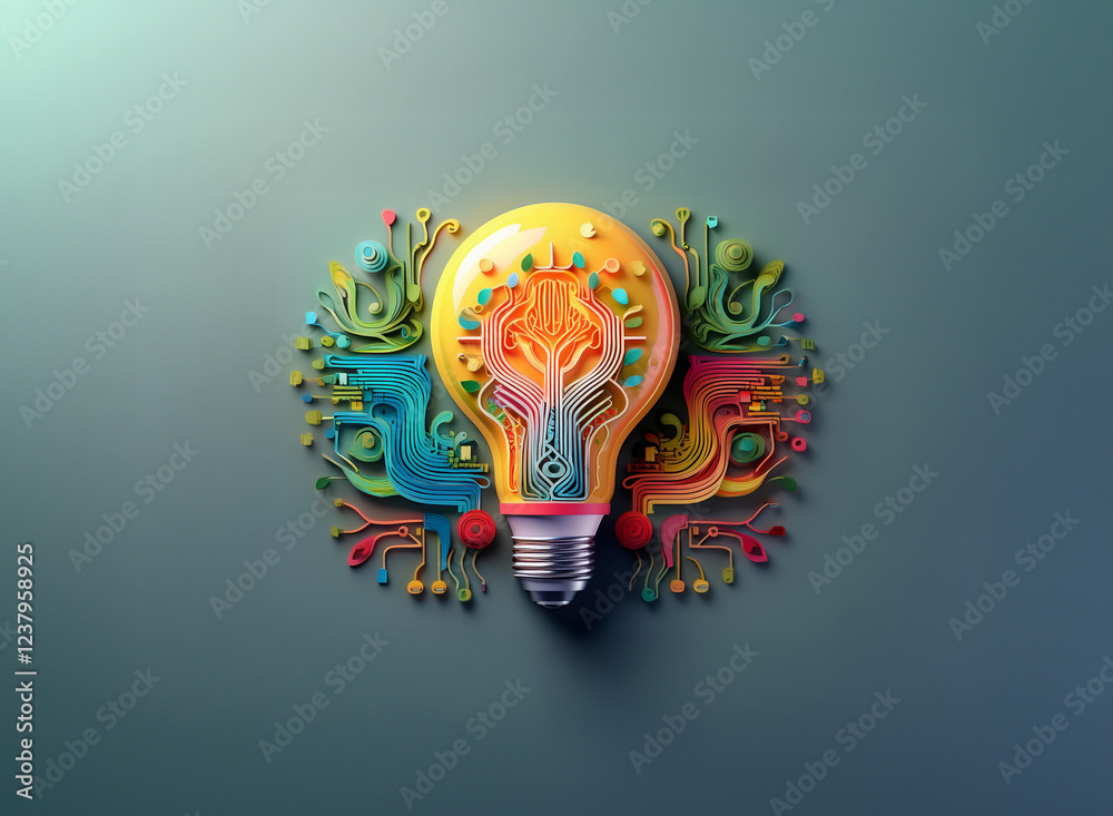 Aufkleber a vibrant, stylized lightbulb bursts with colorful circuitry, symbolizing innovation and creative en