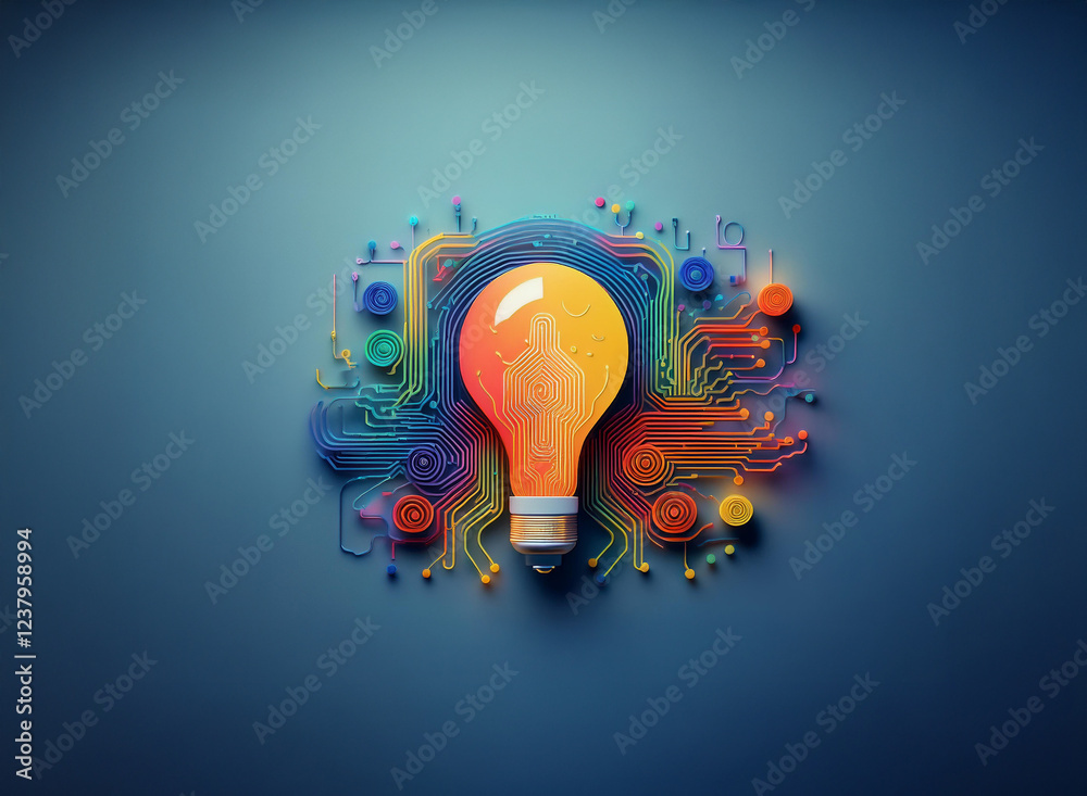 Poster A glowing lightbulb, symbolizing innovation, is intricately embedded within a vibrant circuit board design, representing the fusion of technology and ideas.
