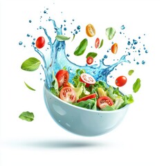flying salad with a splash of blue sauce, isolated on a white background