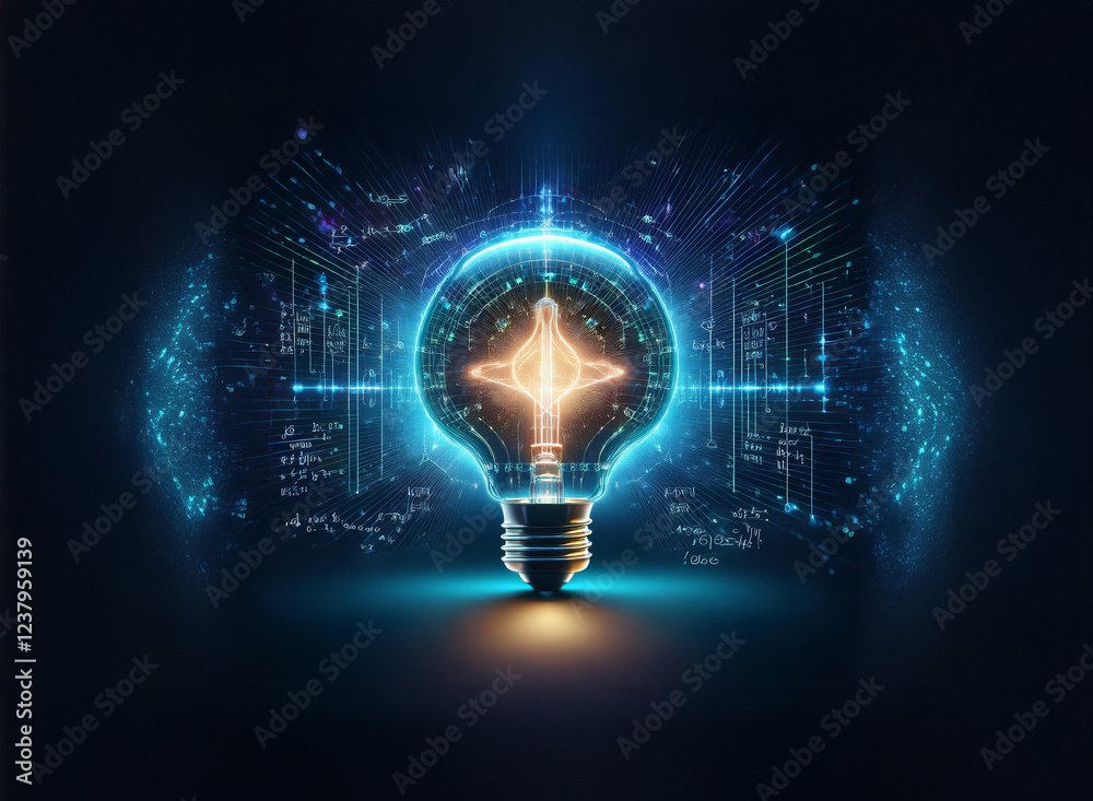 Aufkleber A glowing lightbulb, filled with intricate digital patterns, symbolizes innovation and technological advancement.  The background features a complex network of data streams.
