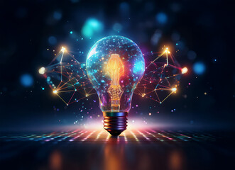 A glowing lightbulb, composed of interconnected nodes and lines, radiates vibrant energy against a dark background.  Its brilliance symbolizes innovation and interconnected ideas.