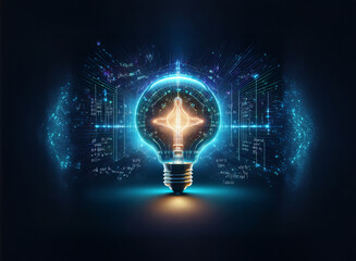 A glowing lightbulb, filled with intricate digital patterns, symbolizes innovation and technological advancement.  The background features a complex network of data streams.