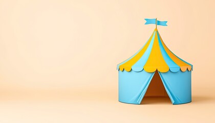 Colorful circus tent with blue and yellow stripes against a soft peach background