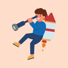 Graphic Vector Illustration of Young Entrepreneur Starting Career Process. Vector Concept of Character Flying with Rocket