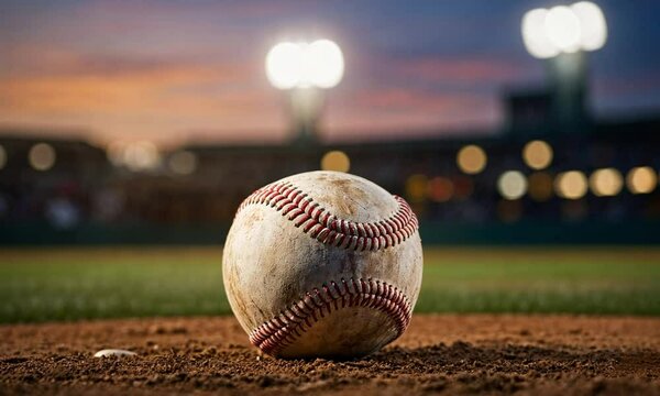 A baseball resting on the field under bright stadium lights, symbolizing sports and competition.