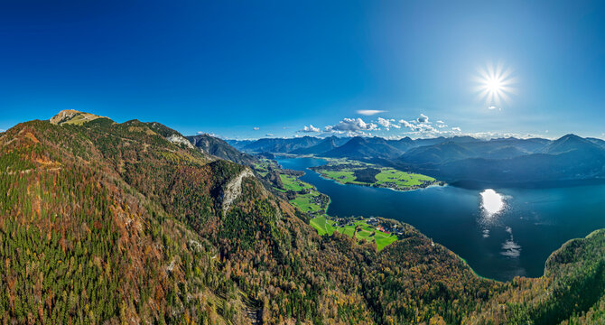 Aerial view of Schafberg mountain near Lake Wolfgangsee in Austria at sunny day