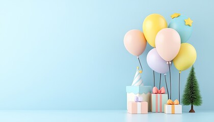 Colorful balloons and gifts arranged for a birthday celebration against a light blue backdrop