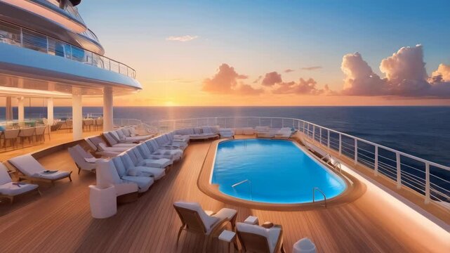 A modern luxury cruise ship deck at sunset, with curved railings and wooden flooring, open-air terraces, a swimming pool and a panoramic view of the ocean
