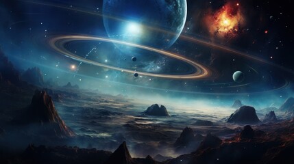 Exploring cosmic landscapes outer space digital art celestial environment wide view universe concept