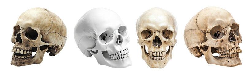 Obraz premium Set of realistic human skulls, isolated on transparent cutout background