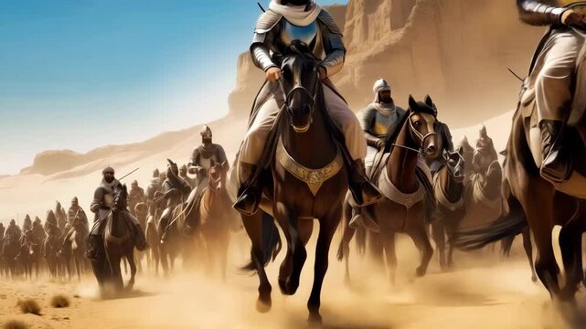 The legendary hero Saladin ibn Ayyub - Salah ad-Din Yusuf ibn Ayyub - leading his elite army through the desert, with grace and determination