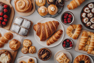 Delicious assortment of fresh pastries and desserts displayed beautifully on a table