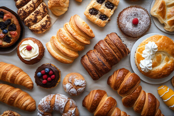 Delicious assortment of freshly baked pastries and desserts displayed on a wooden surface in a cozy bakery setting