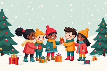 Children enjoying a winter celebration while exchanging gifts in a snowy landscape
