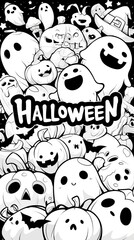 Obraz premium Spooky Halloween Ghosts Pumpkins Doodle Illustration