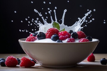 Fresh berries and yogurt splash create a vibrant scene in a bowl against a dark backdrop