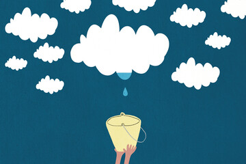 Hands collecting the last drop of water from a cloud, symbolizing drought, climate change, and water scarcity