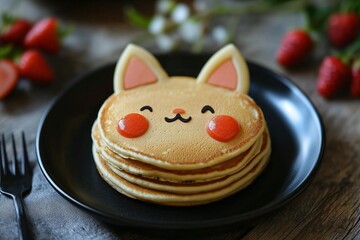 Cute bunny face pancakes decorated with bright colors and fresh strawberries on a black plate