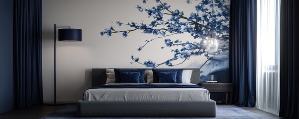 A tranquil bedroom featuring a wall mural with deep blue cherry blossoms, harmonizing with a navy and gray color scheme