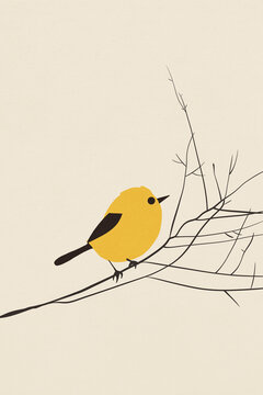 Simplistic vector art of a yellow bird on a branch, against a cream backdrop