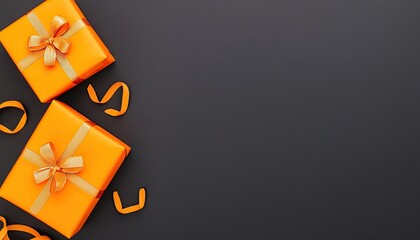 Two vibrant orange gift boxes with ribbons on a dark surface, ideal for celebration themes