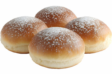 Fototapeta premium Four powdered sweet buns, bakery food