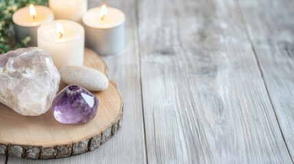 Serene Spa Setting Amethyst and Clear Quartz Crystals with Burning Candles on Wooden Surface