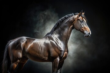 Obraz premium Majestic Dark Horse in Dramatic Lighting, Showing Muscular Build and Elegant Pose Against a Smoky Backdrop