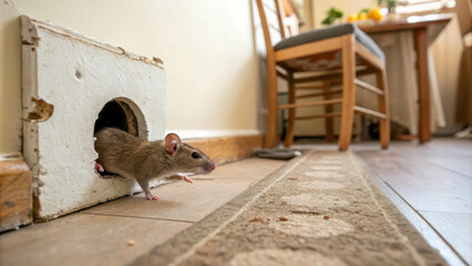 A small mouse cautiously peers out of its hole in the wall. In the background is blurred kitchen furniture.