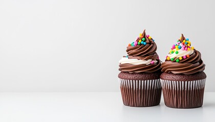 Two delicious chocolate cupcakes with colorful sprinkles on a clean white background