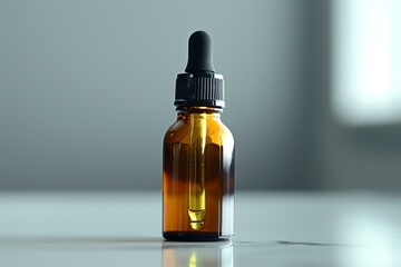 Small amber glass dropper bottle containing medicine, essential oil, or other liquid, placed on reflective surface