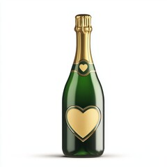green champagne bottle with a golden heart label, isolated on a white background for Saint Valentines Day