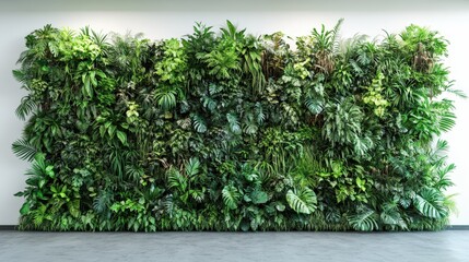 Lush green vertical wall. Vibrant wall of lush plants and abundant foliage. Creates a calming and refreshing environment, ideal for modern interior decor eco design.