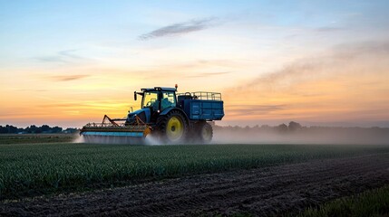 Fototapeta premium Tractor Spraying Crops at Sunset