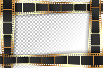 Shiny golden filmstrip frame on transparent background. Perspective film strip design. Movie film ribbon frame. Vector illustration
